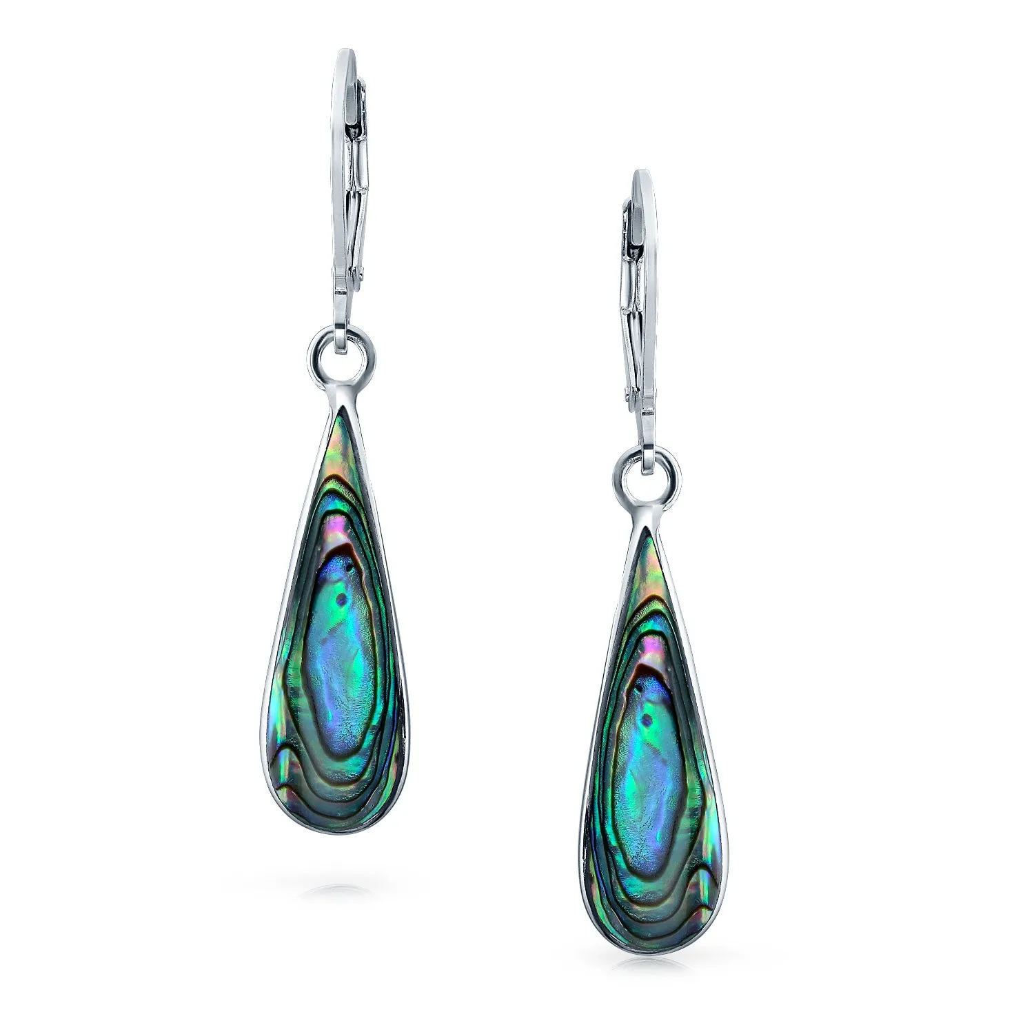Geometric Iridescent Abalone Shell Teardrop Dangle Earrings in Sterling Silver