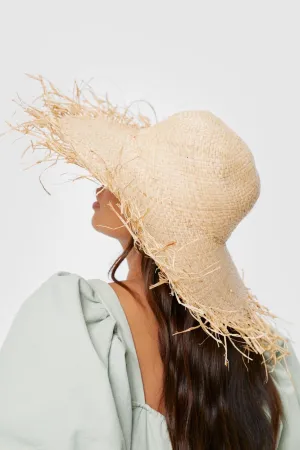 H3094 Frayed Edge Wide Brim Straw Sun Hat